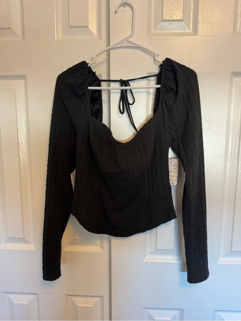 NWT Free People Black Ribbed Square-Neck Long Sleeve Top with Back Tie
